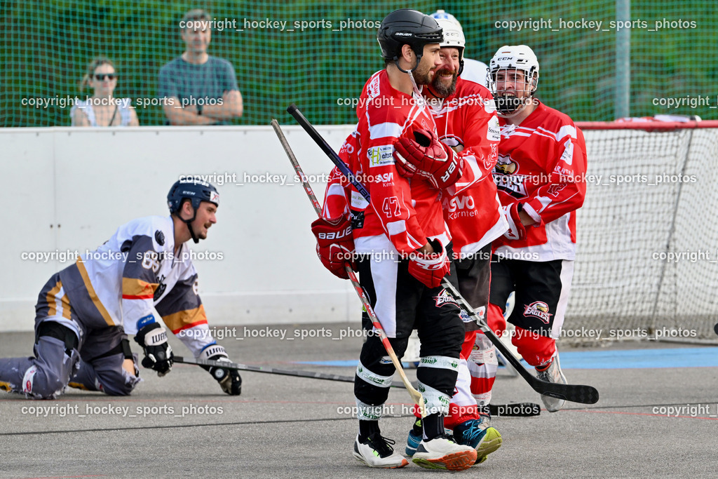 VAS Ballhockey vs. HSC Eagles Poggersdorf | #66 Hintermann Daniel, #47 Witting Marcel, #15 Sulzbacher Josef, #12 Lamereiner Leon, Jubel HSC Poggersdorf, VAS Ballhockey vs. HSC Eagles Poggersdorf, VAS Ballhockey vs. HSC Eagles Poggersdorf am 14.07.2024 in Villach (Alpen Arena ), Austria, (Photo by Bernd Stefan)