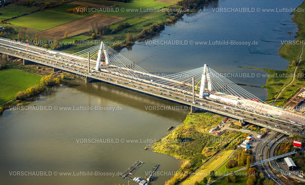 Koeln231100686RheinbrueckeMerkenich | Luftbild, Baustelle Rheinbrücke Leverkusen der Autobahn A1 über den Fluss Rhein, Rheinaue Langel-Merzenich, Merkenich, Köln, Rheinland, Nordrhein-Westfalen, Deutschland