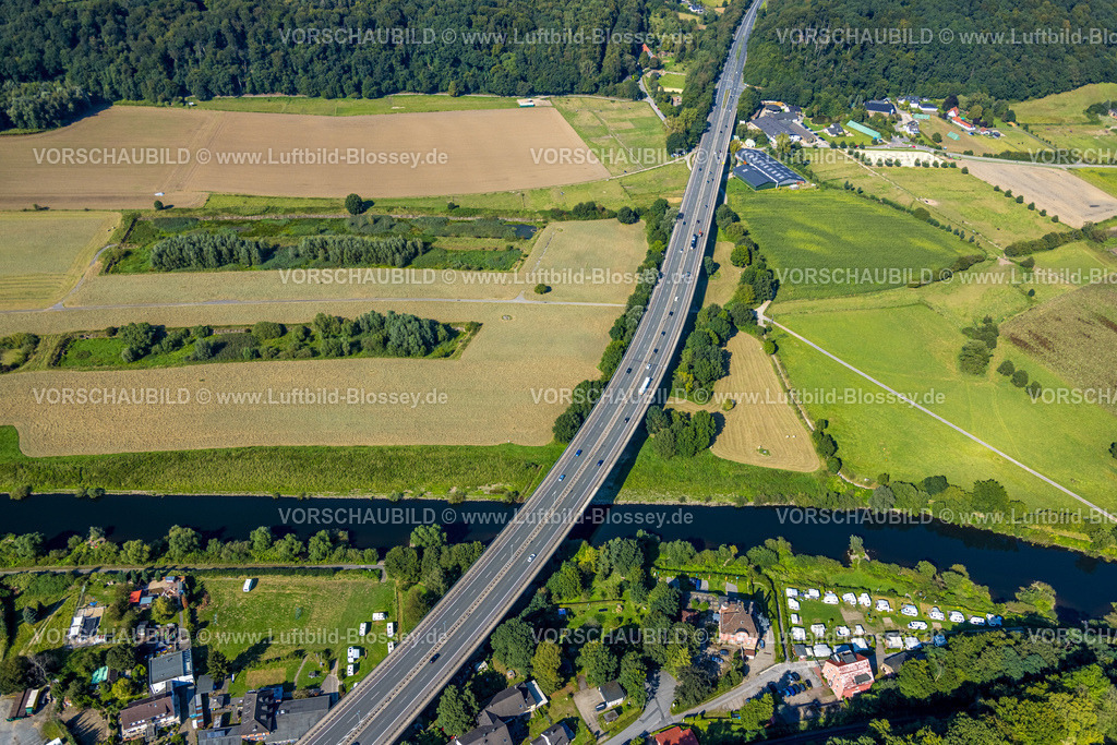 Hattingen240809759 | Luftbild, Wiesen und Felder an der Kosterbrücke über den Fluss Ruhr, Gasthaus mit Hotel An der Kost und Campingplatz An der Kost, oben RG Hof Balte Reiterhof, Stiepel, Bochum, Ruhrgebiet, Nordrhein-Westfalen, Deutschland