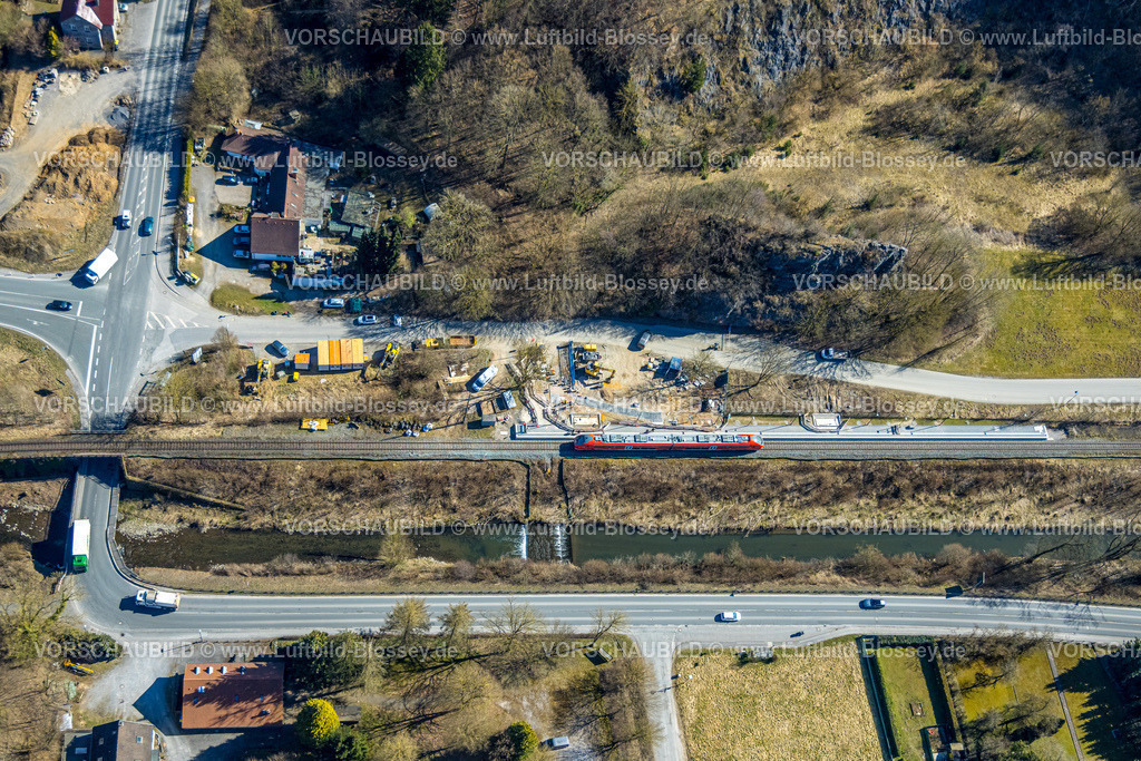 Balve250304063 | Luftbild, Baustelle an der Kreuzung Sanssouci und Bundesstraße B229, S-Bahn Verkehr, Beckum, Balve, Sauerland, Nordrhein-Westfalen, Deutschland