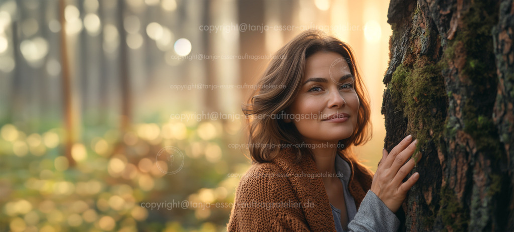 Waldbaden D | Fotorealistisches KI Bild: Eine schöne 40 jährige brünette Frau fühlt einen Baum mit allen Sinnen. Beim Waldbaden (Shinrin Yoku) bekommt sie neue Energie. Unscharfer Hintergrund zeigt eine Waldlichtung mit Bokeh und bietet Copy Space. 