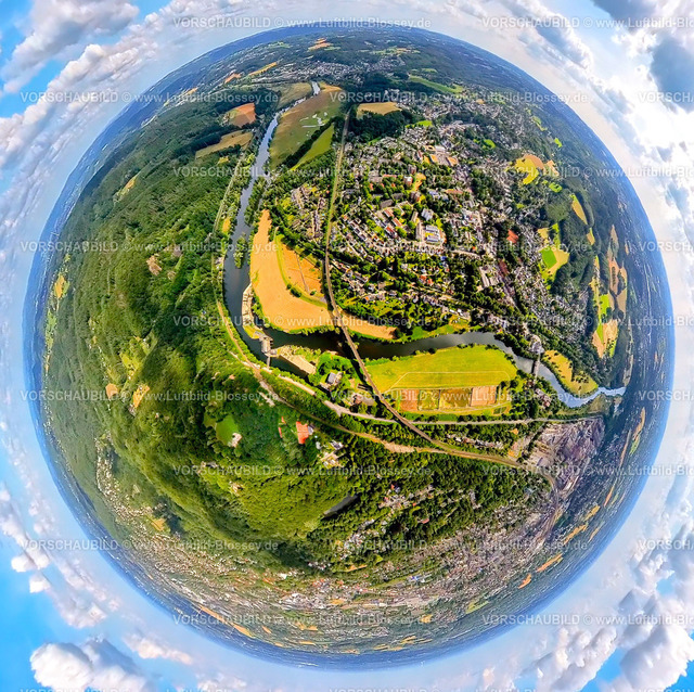 Witten230790040_Bommern | Luftbild, Ortsteil Bommern, Fluss Ruhr und Ruhrinsel, Eisenbahnstrecke mit Ruhrviadukt über die Ruhr, Erdkugel, Fisheye Aufnahme, Fischaugen Aufnahme, 360 Grad Aufnahme, tiny world, Bommern, Witten, Ruhrgebiet, Nordrhein-Westfalen, Deutschland