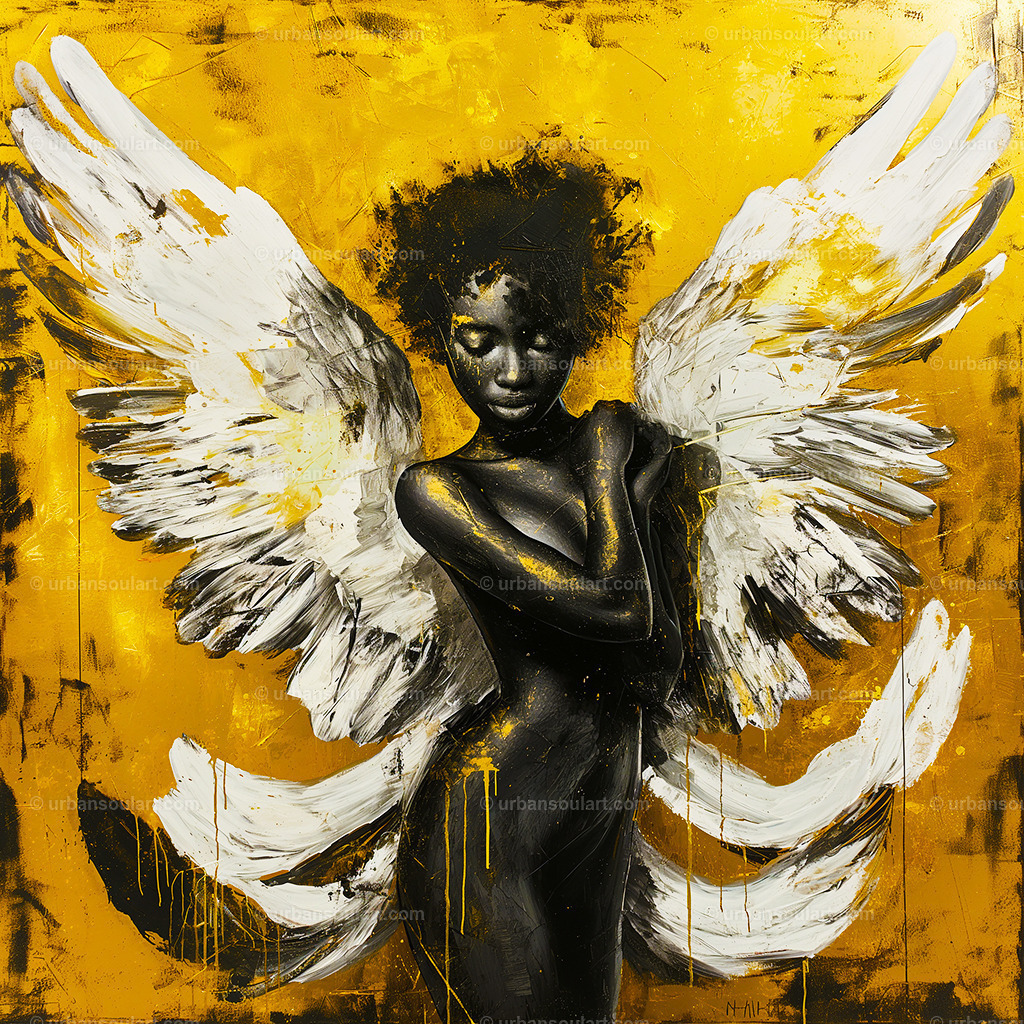 Black Woman With Angle Wings | A powerful and ethereal portrait of a Black woman with white angel wings, set against a golden background. Ideal for spaces that celebrate strength and spirituality. - Realisiert mit Pictrs.com