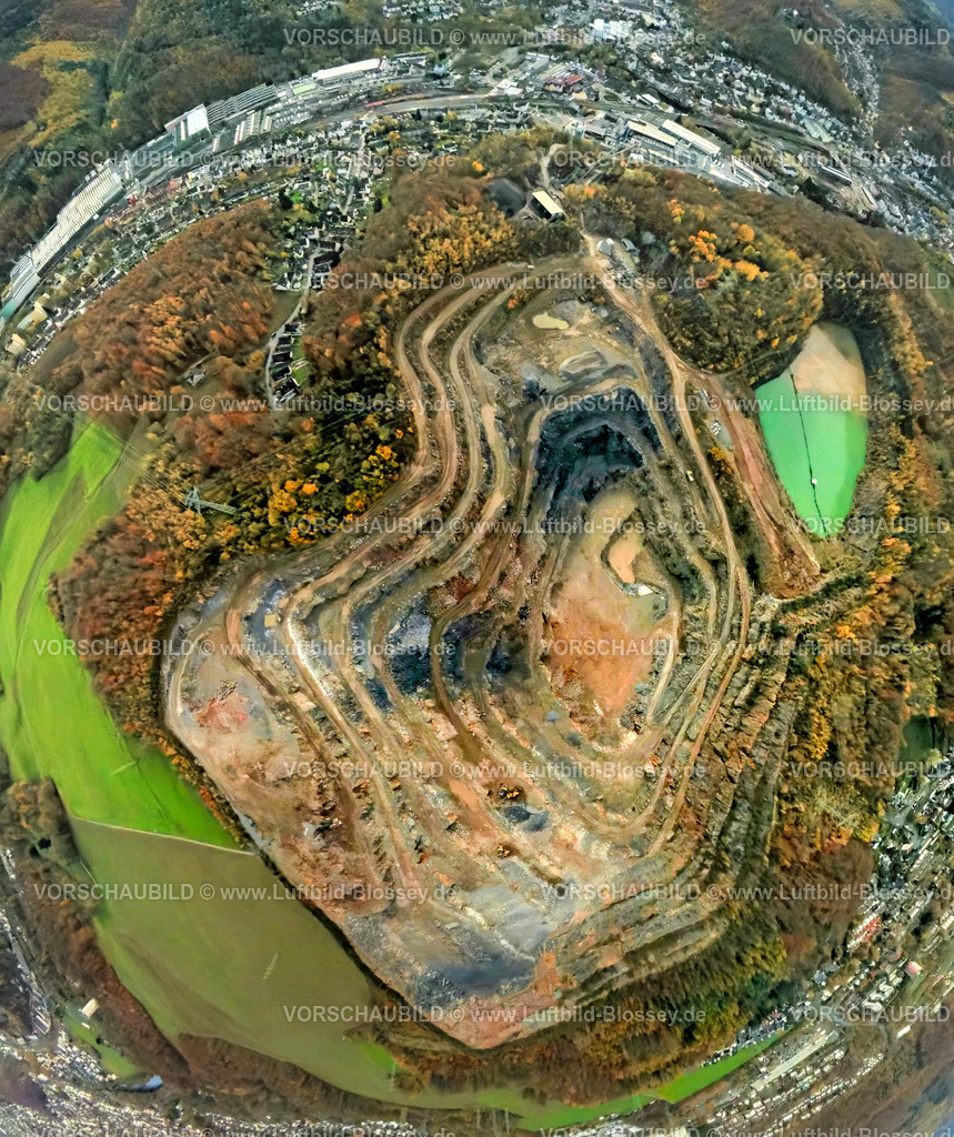 Hagen251101933fish-eye-2 | Luftbild, Steinbruch Steltenberg, Bäume in Herbstfarben, Erdkugel, Fisheye Aufnahme, Fischaugen Aufnahme, 360 Grad Aufnahme, tiny world, little planet, fisheye Bild, Hohenlimburg, Hagen, Ruhrgebiet, Nordrhein-Westfalen, Deutschland