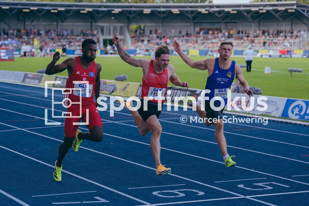 Deutsche Meisterschaften der Frauen und Männer 2026 | Lucas Ansah-Peprah, Hamburger SV, Jan Eric Frehe, LG Brillux Münster, Jakob Kemminer, LAC Quelle Fürth, 100-Meter-Lauf, Halbfinale, Deutsche Meisterschaften der Frauen und Männer 2026, Lohrheidestadion Bochum-Wattenscheid, 25.07.2026. Foto: Marcel Schwering / sportimfokus - Realisiert mit Pictrs.com