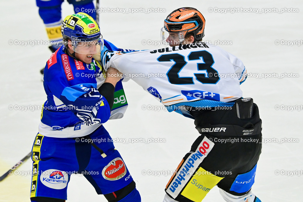EC IDM Wärmepumpen VSV vs. STEINBACH BLACK WINGS LINZ | #77 LINDNER Philipp EC VSV, #23 Söllinger Patrick BLACK WINGS LINZ, EC IDM Wärmepumpen VSV vs. STEINBACH BLACK WINGS LINZ, EC IDM Wärmepumpen VSV vs. STEINBACH BLACK WINGS LINZ am 25.10.2024 in Villach (Stadthalle Villach), Austria, (Photo by Bernd Stefan)