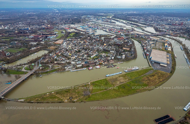 Duisburg231203375 | Luftbild vom Weihnachtshochwasser 2023 am Rhein, der Rhein tritt nach starken Regenfällen über die Ufer,  Kaßlerfeld, Duisburg, Ruhrgebiet, Niederrhein, Nordrhein-Westfalen, Deutschland