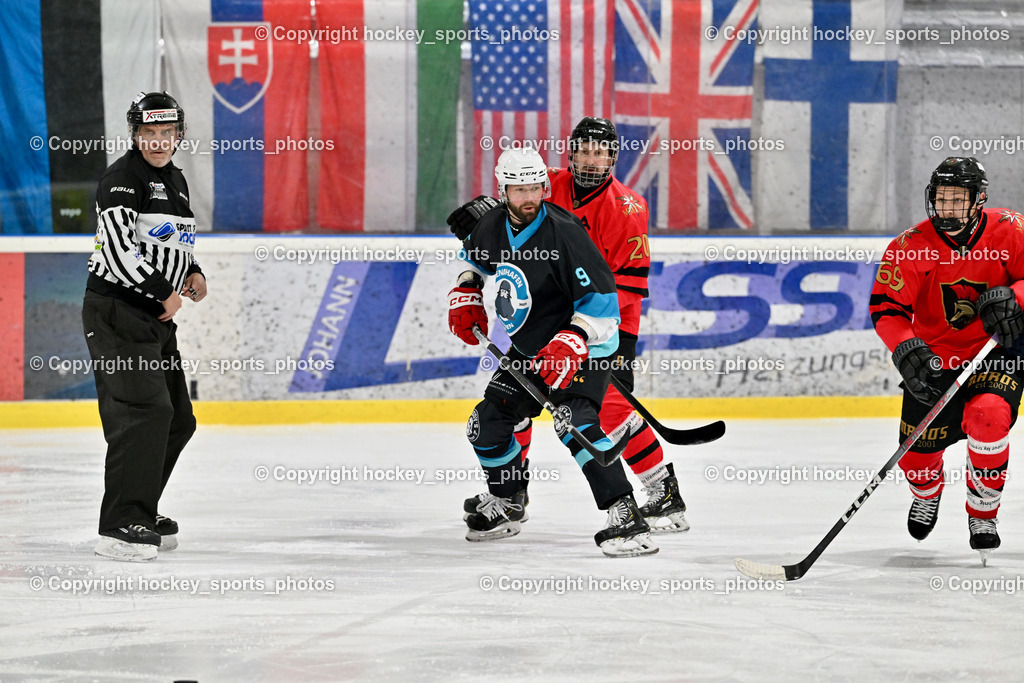 Lendhafen Seelöwen vs. Spartans Althofen | Franzel Reinhard Referee, #9 Hebar Andrej Lendhafen Seelöwen, #20 Ban Christian Spartans Althofen, #69 Köck Jakob Spartans Althofen, Lendhafen Seelöwen vs. Spartans Althofen, Lendhafen Seelöwen vs. Spartans Althofen am 14.02.2025 in Ferlach (HTC Eishalle Ferlach), Austria, (Photo by Bernd Stefan)