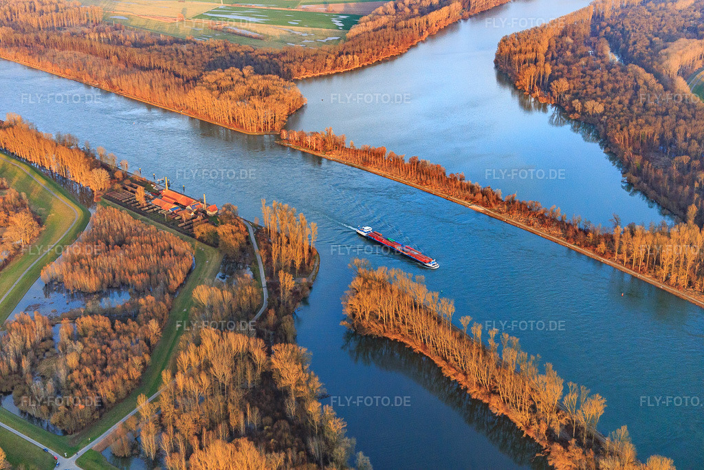 Luftbild: Containerfrachtschiff auf dem Rhein in Germersheim im Bundesland Rheinland-Pfalz in Deutschland. Foto: IMG_104552.jpg vom 14.01.2018 durch Werner Riehm/FLY-FOTO.de