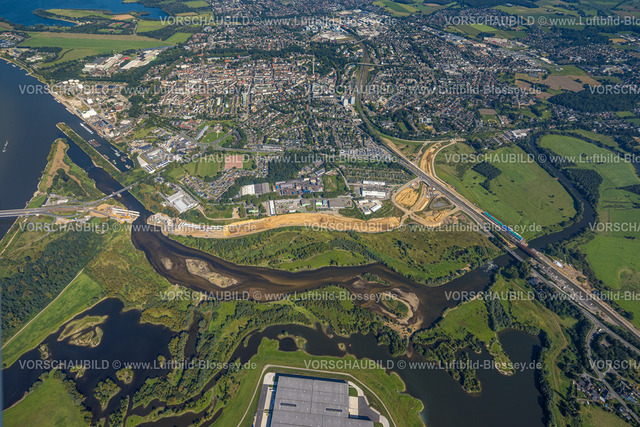 Wesel240805338Lippemuendung300dpi | Luftbild, Lipperenaturierung, Lippemündung in den Rhein, B58n Südumgehung, Lippeverlauf, Fluss Lippe, Lippeverband, , Wesel, Ruhrgebiet, Nordrhein-Westfalen, Deutschland