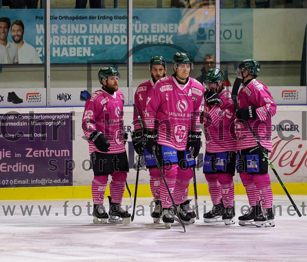 2025-10-10_050_TSV_Erding_gegen_onesto_Tigers_Bayreuth | Erding, Deutschland, 10.10.2025:Eishockey, Oberliga Süd 2025 / 2026, 7. Spieltag, TSV Erding gegen onesto Tigers Bayreuth, Endergebnis: 2:5Jubel nach dem 1:0 durch Thomas Matheson (Erding Gladiators, #37)Grady Hobbs (Erding Gladiators, #22), Maximilian Forster (Erding Gladiators, #81), Elia Ostwald (Erding Gladiators, #17), Thomas Matheson (Erding Gladiators, #37)Foto: Christian Riedel / fotografie-riedel.net