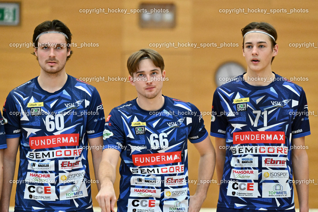 VSV Unihockey  vs. FBK Loka  | #60 Thomas Unterweger VSV Unihockey, #66 Jakob Rainer VSV Unihockey, #71 Leon Widnig VSV Unihockey, VSV Unihockey  vs. FBK Loka , VSV Unihockey  vs. FBK Loka  am 25.01.2026 in Villach (Ballspielhalle St. Martin), Austria, (Photo by Bernd Stefan)