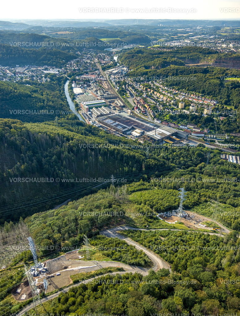 Hagen230902798 | Luftbild, Hagen-Hohenlimburg, AMPRION Leitung, Stromleitung Hochspannungsnetz im Waldgebiet Menhagen, Letmathe, Iserlohn, Ruhrgebiet, Nordrhein-Westfalen, Deutschland