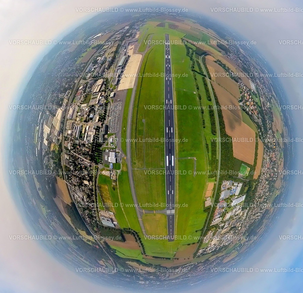 Dortmund230990097 Flughafen Dortmund | Luftbild, Flughafen Dortmund Airport, Start- und Landebahn, Erdkugel, Fisheye Aufnahme, Fischaugen Aufnahme, 360 Grad Aufnahme, tiny world, Wickede, Dortmund, Ruhrgebiet, Nordrhein-Westfalen, Deutschland