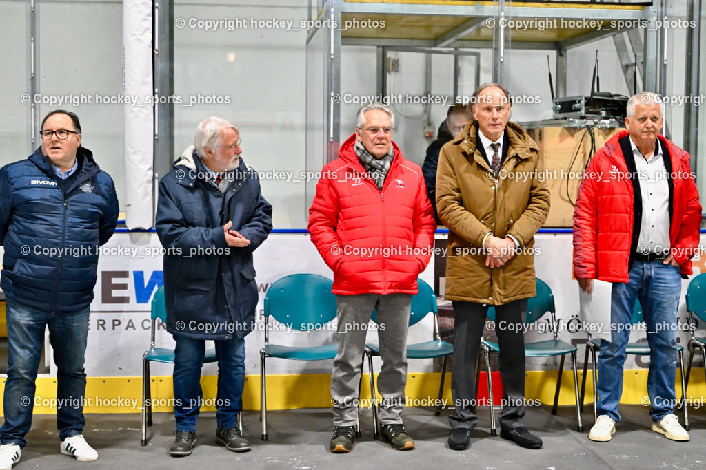 ESC Soccerzone Steindorf 50 Jahr Feier 26.2.2023 | ESC Steindorf sportlicher Leiter Armin Rac, DR. Dieter Kalt, ASVÖ Kärnten Christoph Schasché, ÖEHV Präsident Klaus Hartmann,