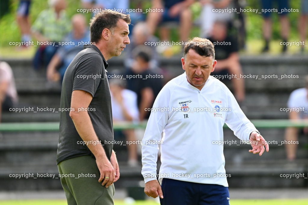 FC Faakersee vs. Union Matrei | Headcoach FC Faakersee Robert Samonig, Headcoach Matrei Harald Panzl, FC Faakersee vs. Union Matrei, FC Faakersee vs. Union Matrei am 18.08.2024 in Finkenstein (Sportplatz Faakersee), Austria, (Photo by Bernd Stefan)