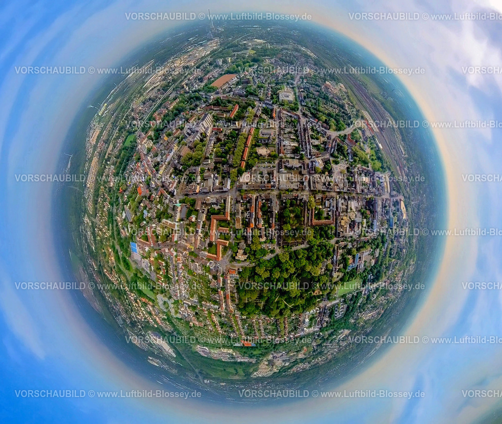 Herne240590028Wanne-Eickel | Luftbild, Ortsansicht Wohngebiet Wanne-Eickel, Hauptstraße und Stadtgarten mit Mondpalast Theater, Erdkugel, Fisheye Aufnahme, Fischaugen Aufnahme, 360 Grad Aufnahme, tiny world, little planet, fisheye Bild, Wanne, Herne, Nordrhein-Westfalen, Deutschland