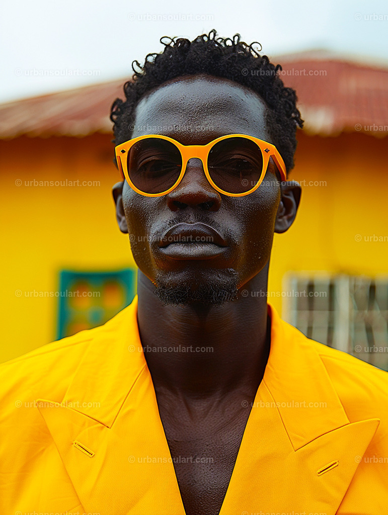 African Man With Yellow Glasses Portrait | Bold and stylish, this portrait of a man wearing vibrant yellow sunglasses and matching attire is a celebration of modern fashion. With a striking contrast of colors, this piece is perfect for spaces that seek energy, individuality, and artistic expression. - Realisiert mit Pictrs.com