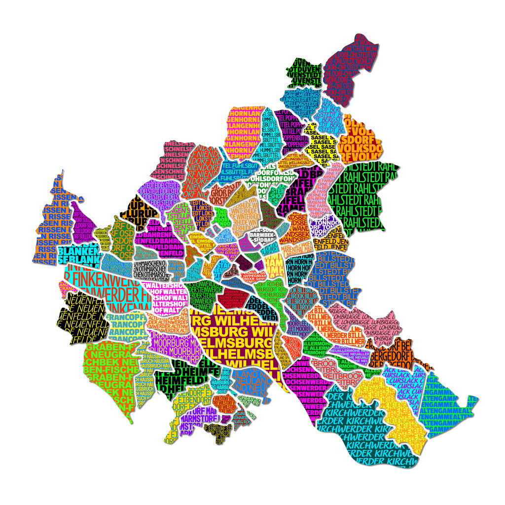 10221002 - Hamburg Pop-Art Stadtplan | Abstrakte Hamburg Stadtteilkarte im Pop-Art Stil, aufwendig am Computer per Hand gezeichnet und mit vielen verschiedenen Schriften und Farben versehen.