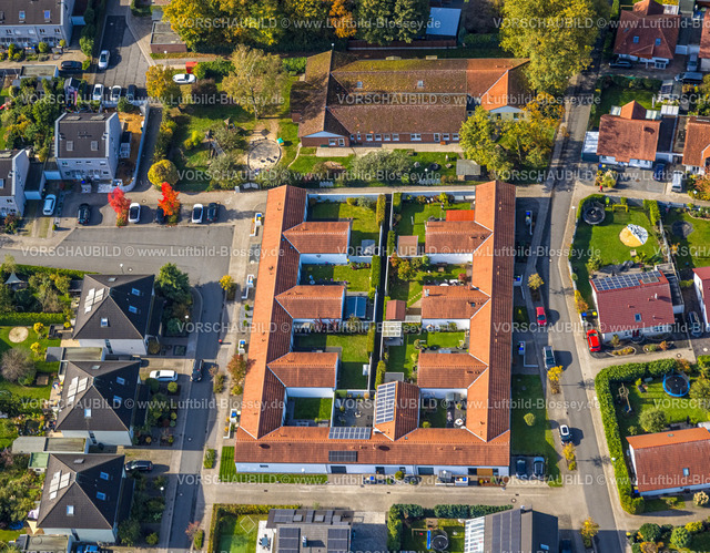 Luenen241012396 | Luftbild, Wohngebiet Am Vogelsberg, Reihenhaus Wohnsiedlung mit roten Dächern, Wohnhäuser mit Gartenanlage im Innenhof, Nordlünen, Lünen, Ruhrgebiet, Nordrhein-Westfalen, Deutschland