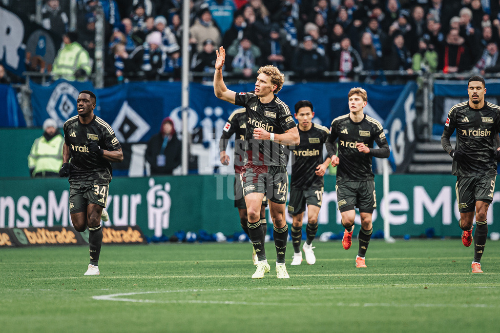 Fußball | Männer | Saison 2025/2026 | 1. Fußball-Bundesliga | 22. Spieltag | Hamburger SV vs. 1. FC Union Berlin | 14.02.2026 | Elfmeter Torschütze Leopold Querfeld (#14, 1. FC Union Berlin) jubelt