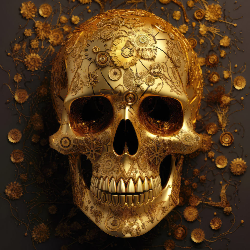 2307128 - Goldener Totenkopf | Bestellen Sie dieses Motiv eines goldenen Totenkopfs als Kunstdruck auf Leinwand, Acrylglas, Alu-Dibond, Akustikbild oder als Poster. Unsere digitalen Gemälde wirken mit täuschend echten Pinselstrichen wie von Hand gemalt.