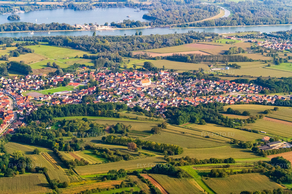 Vue aérienne: Vue du village depuis le nord-ouest, sur les rives du Rhin à Mothern dans le département Bas Rhin, France – .Photo: P1000853.jpg prise le 15/09/2014 par Werner Riehm/FLY-FOTO.eu – Résolution de l'original: 5472 x 3648 px