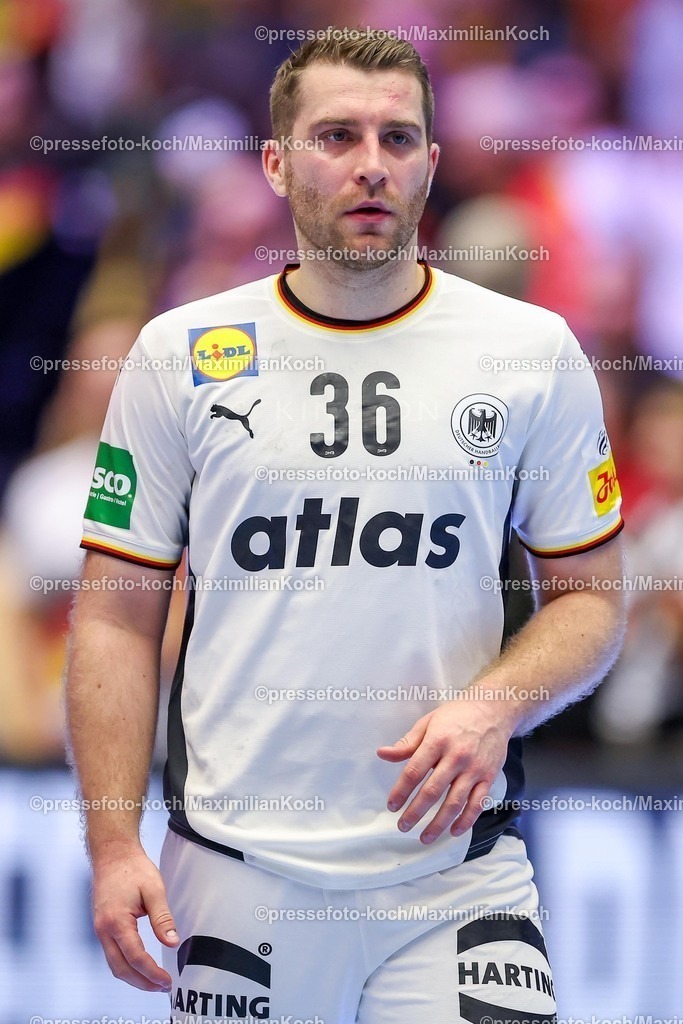 EHF15012602175 | 15.01.2026, Handball, Men's EHF EURO 2026, Deutschland - Österreich, Jyske Bank Boxen in Herning, Dänemark, Preliminary Round:  Lukas Mertens (Germany #36) 