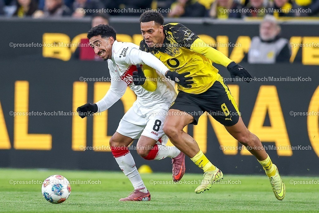 BVB22112502136 | 22.11.2025, Fußball, Borussia Dortmund - VfB Stuttgart, 1. Fußball Bundesliga, 11. Spieltag, Signal Iduna Park, Saison 2025 2026: Tiago Tomas&nbsp; (VfB Stuttgart #08) im Zweikampf gegen  Felix Nmecha&nbsp;(BVB #08) DFB regulations prohibit any use of photographs as image sequences and or quasi-video.