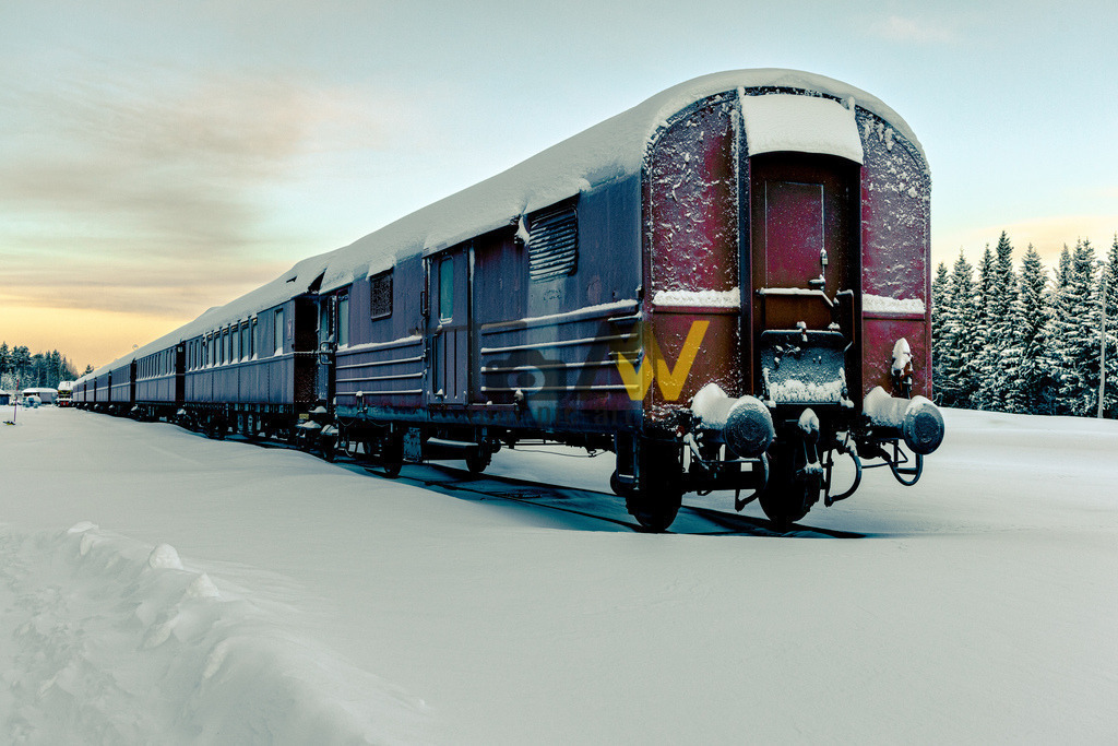 Eisenbahnwaggon in winterlicher kalter Umgebung---Schweden | Das Bild zeigt einen historischen Zug, der auf verschneiten Gleisen steht.Die Lokomotive und die Waggons sind mit Schnee bedeckt, was auf winterliche Bedingungen hinweist.Der Zug scheint aus älteren, dunkelroten und blauen Waggons zu bestehen.Die Szenerie zeigt eine weite, schneebedeckte Landschaft mit Nadelbäumen im Hintergrund. - Realisiert mit Pictrs.com