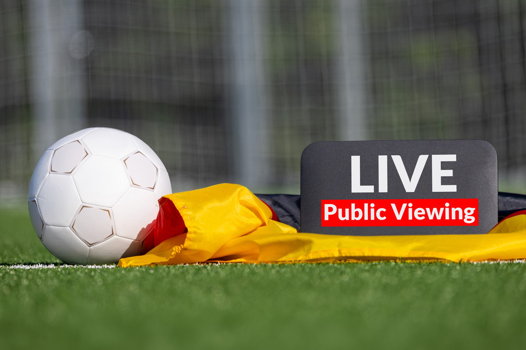 Fußball auf dem Rasen neben Live Public Viewing-Schild und Deutschlandflagge | Fußball auf dem Rasen neben Live Public Viewing-Schild und Deutschlandflagge - Realisiert mit Pictrs.com