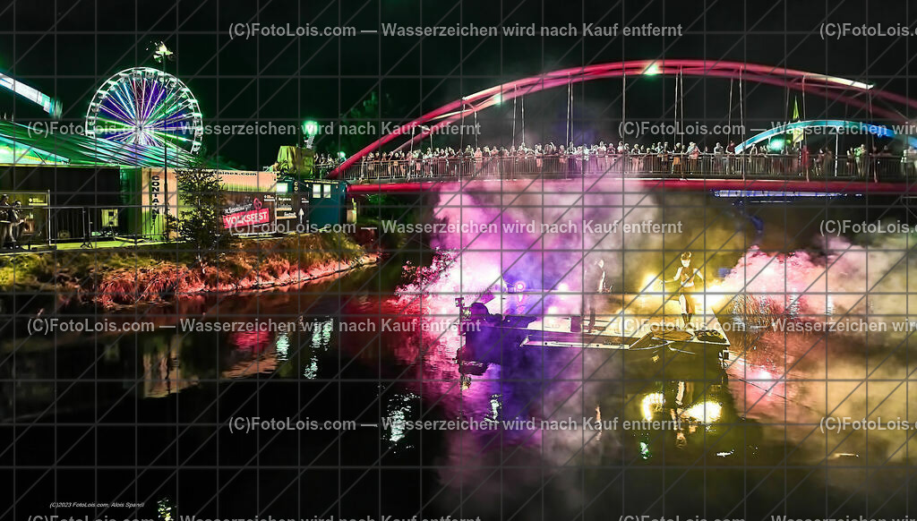 0514_Luftbild_VOLKSFEST-Wlbg_InselFeuer-Show | (C)FotoLois.com, Alois Spandl, Luftbild, Wieselburger VOLKSFEST neu, Feuershow auf der Erlaufinsel unter den Brücken, Do 29. Juni 2023.