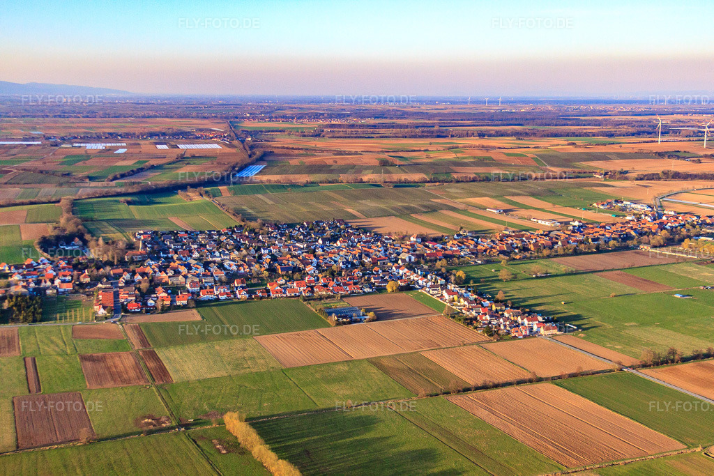 Luftbild: Panorama der Dorfansicht im Viehstrich aus Südosten in Freckenfeld im Bundesland Rheinland-Pfalz in Deutschland. Foto: IMG_38828.jpg vom 20.03.2011 durch Werner Riehm/FLY-FOTO.de