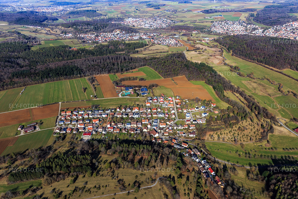 Luftbild: Ortsansicht aus Süden im Ortsteil Lehenweiler in Aidlingen im Bundesland Baden-Württemberg in Deutschland. Foto: IMG_125113.jpg vom 20.02.2021 durch Werner Riehm/FLY-FOTO.de