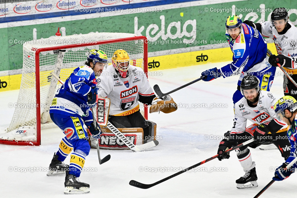 EC IDM Wärmepumpen VSV vs. Pioneers Vorarlberg | #13 Adam Helewka EC VSV, #31 David Madlener Pioneers Vorarlberg,  #91 Nick Hutchison EC VSV, #14 Eric Florchuk Pioneers Vorarlberg, #28 Louie Roehl Pioneers Vorarlberg, EC IDM Wärmepumpen VSV vs. Pioneers Vorarlberg, EC IDM Wärmepumpen VSV vs. Pioneers Vorarlberg am 22.02.2026 in Villach (Stadthalle Villach), Austria, (Photo by Bernd Stefan)