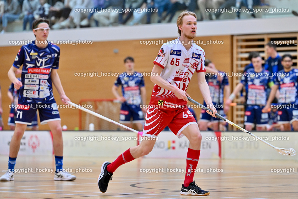 VSV Unihockye vs. KAC Floorball | #65 Viktor Lesnjak KAC Floorball, #71 Leon Widnig VSV Unihockey, VSV Unihockye vs. KAC Floorball, VSV Unihockye vs. KAC Floorball am 13.04.2025 in Villach (Ballspielhalle St. Martin), Austria, (Photo by Bernd Stefan)