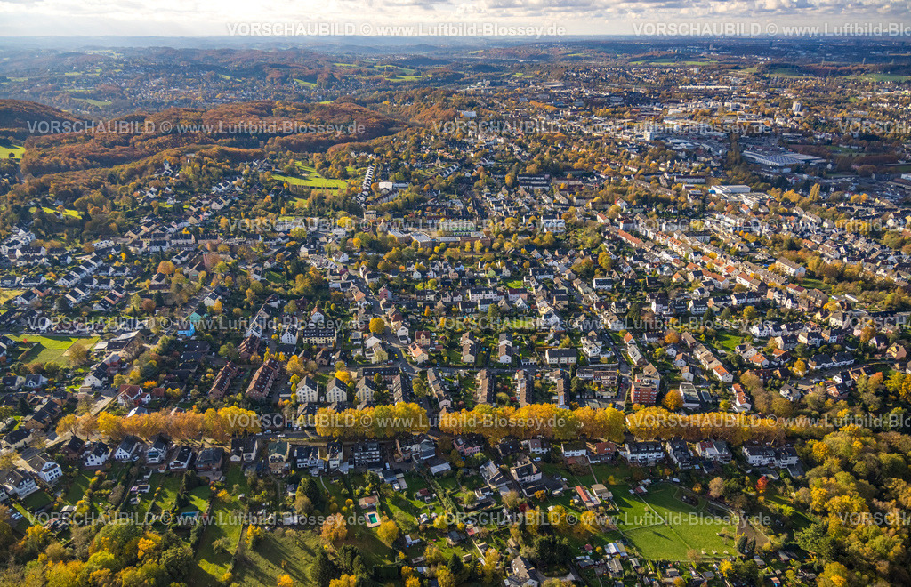 Witten231101341 | Luftbild, Ortsansicht Wohngebiet Witten-Annen mit herbstlicher Baumallee Steinbachstraße mit herbstlichen Laubbäumen, Blick nach Witten-Zentrum mit Fernsicht, Annen, Witten, Ruhrgebiet, Nordrhein-Westfalen, Deutschland