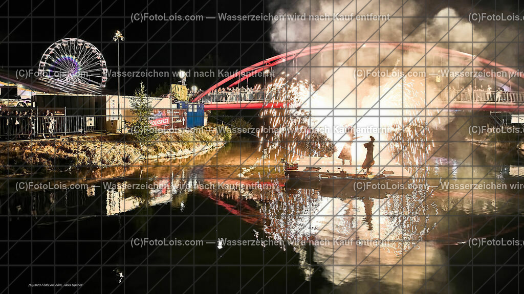 0596_Luftbild_VOLKSFEST-Wlbg_InselFeuer-Show | (C)FotoLois.com, Alois Spandl, Luftbild, Wieselburger VOLKSFEST neu, Feuershow auf der Erlaufinsel unter den Brücken, Do 29. Juni 2023.