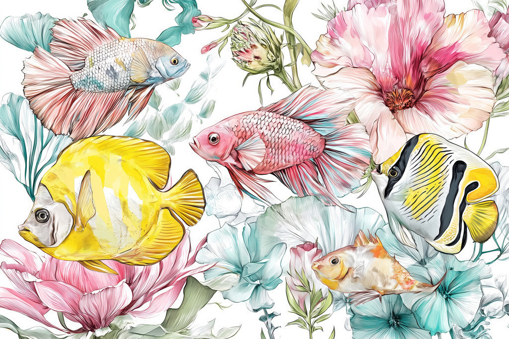 2504025 - Flüstern unter Wasser | Bunte Unterwasserwelt mit Fischen und Korallen – detailreiche Illustration für Badezimmer, Kinderzimmer oder als maritimes Deko-Highlight.