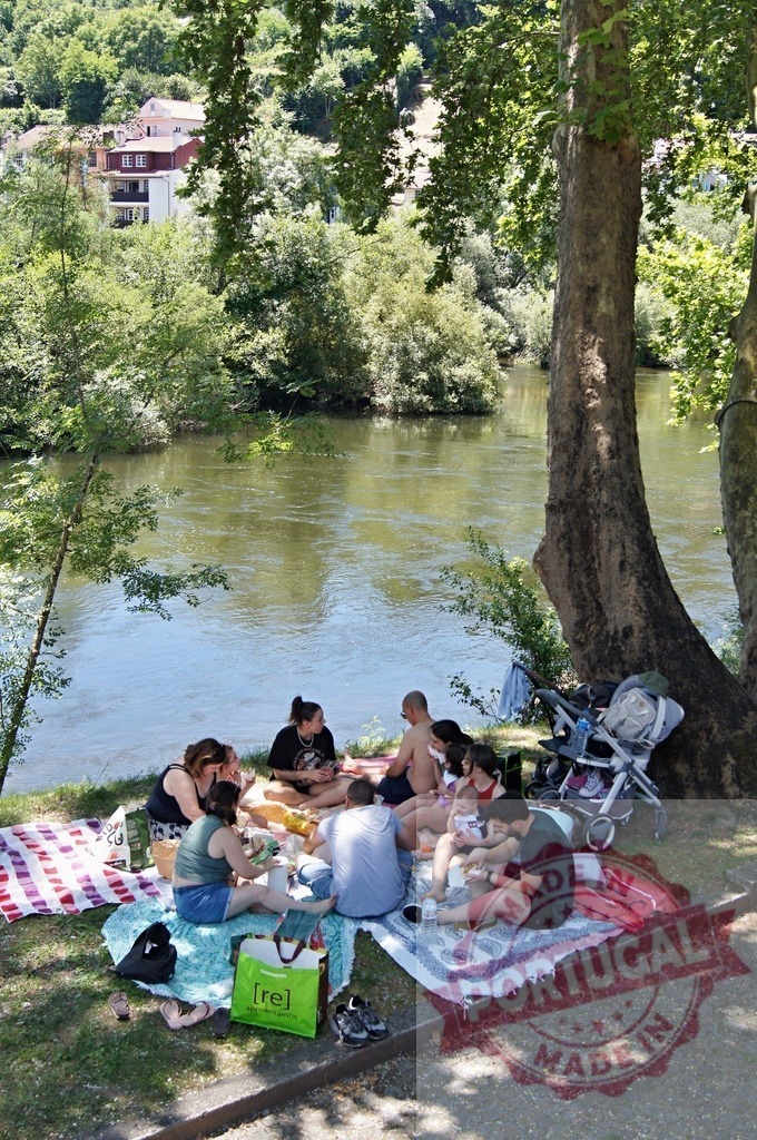 Family and friends enjoying river picnic on summer day | Group of people having a picnic under trees next to a river on a summer day - Realized with Pictrs.com