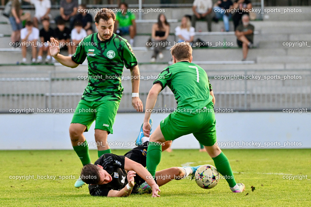 SC Landskron vs. Thal Assling  | #7 Markus Ulbing SC Landskron, #10 Julian Jakob Moser Thal Assling, #10 Nemanja Lukic SC Landskron, SC Landskron vs. Thal Assling , SC Landskron vs. Thal Assling  am 09.08.2024 in Villach (Sportanlage Landskron), Austria, (Photo by Bernd Stefan)