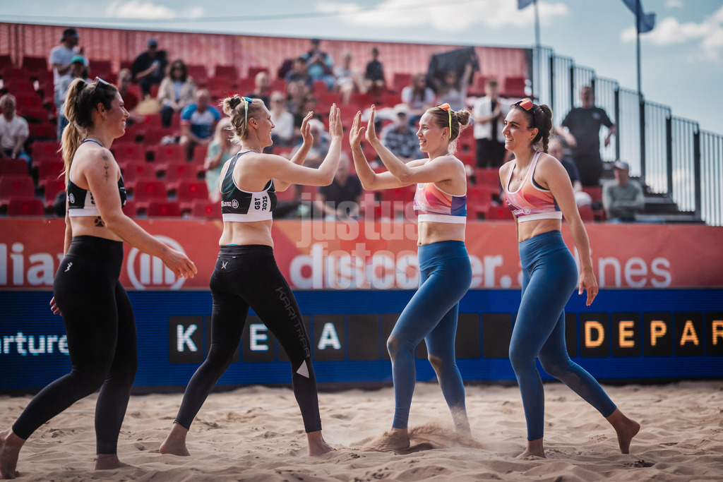Beachvolleyball | Frauen | Allianz German Beach Tour 2025 | Tourstop Düsseldorf | 09.05.2025 | v.l. Sandra Ferger, Sarah Schneider, Tabea Schwarz und Lisa Kotzan