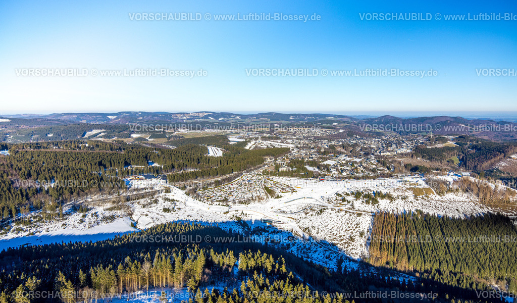 Winterberg230205660 | Luftbild, Winterliche Hügellandschaft, Campingplatz Winterberg, Erlebnisberg Kappe, Ortsansicht Winterberg, Sauerland, Nordrhein-Westfalen, Deutschland