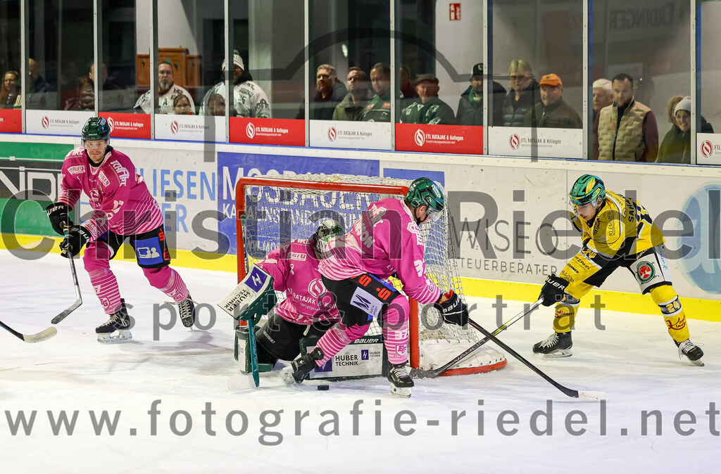 2025-10-28_097_TSV_Erding_gegen_Toelzer_Loewen | Erding, Deutschland, 28.10.2025:Eishockey, Oberliga Süd 2025 / 2026, 13. Spieltag, TSV Erding gegen Tölzer Löwen, Endergebnis: 2:5Elia Ostwald (Erding Gladiators, #17), Torwart Leon Meder (Erding Gladiators, #39), Thomas Matheson (Erding Gladiators, #37), Ismailcan Sahanoglu (Tölzer Löwen, #24)Foto: Christian Riedel / fotografie-riedel.net