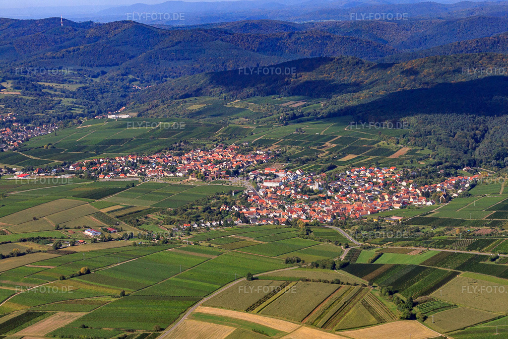 Luftbild: Ortsansicht von Norden im Ortsteil Rechtenbach in Schweigen-Rechtenbach im Bundesland Rheinland-Pfalz in Deutschland. Foto: IMG_20992.jpg vom 06.09.2009 durch Werner Riehm/FLY-FOTO.de