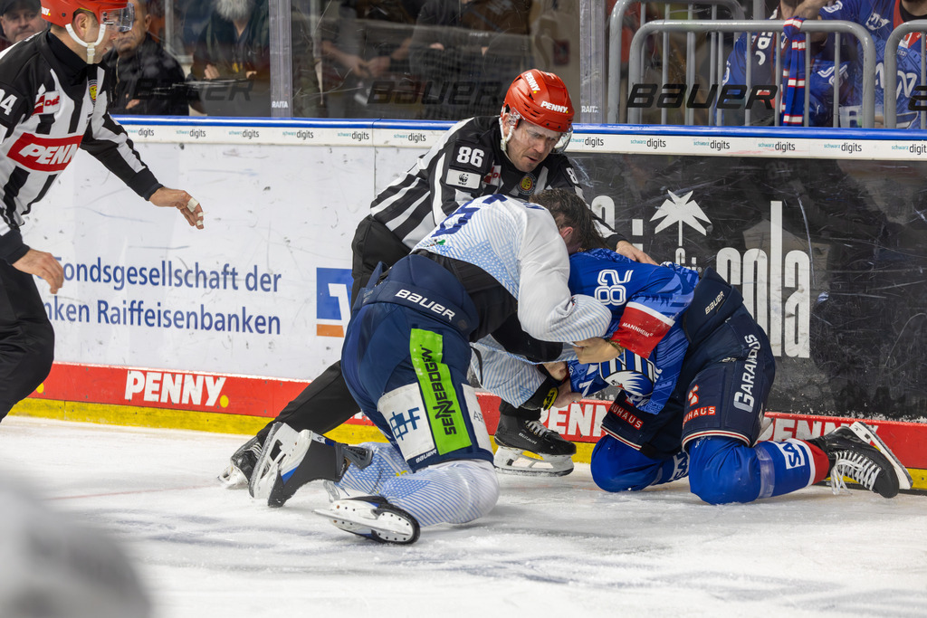 DEL, Deutsche Eishockey Liga Saison 2025/26, 47. Spieltag: Adler Mannheim gegen Straubing Tigers | DEL, Deutsche Eishockey Liga Saison 2025/26, 47. Spieltag: Adler Mannheim gegen Straubing Tigers***Faustkampf zwischen Hayden Shaw (82, Mannheim) und Alex Green (6, Straubing) - Realisiert mit Pictrs.com