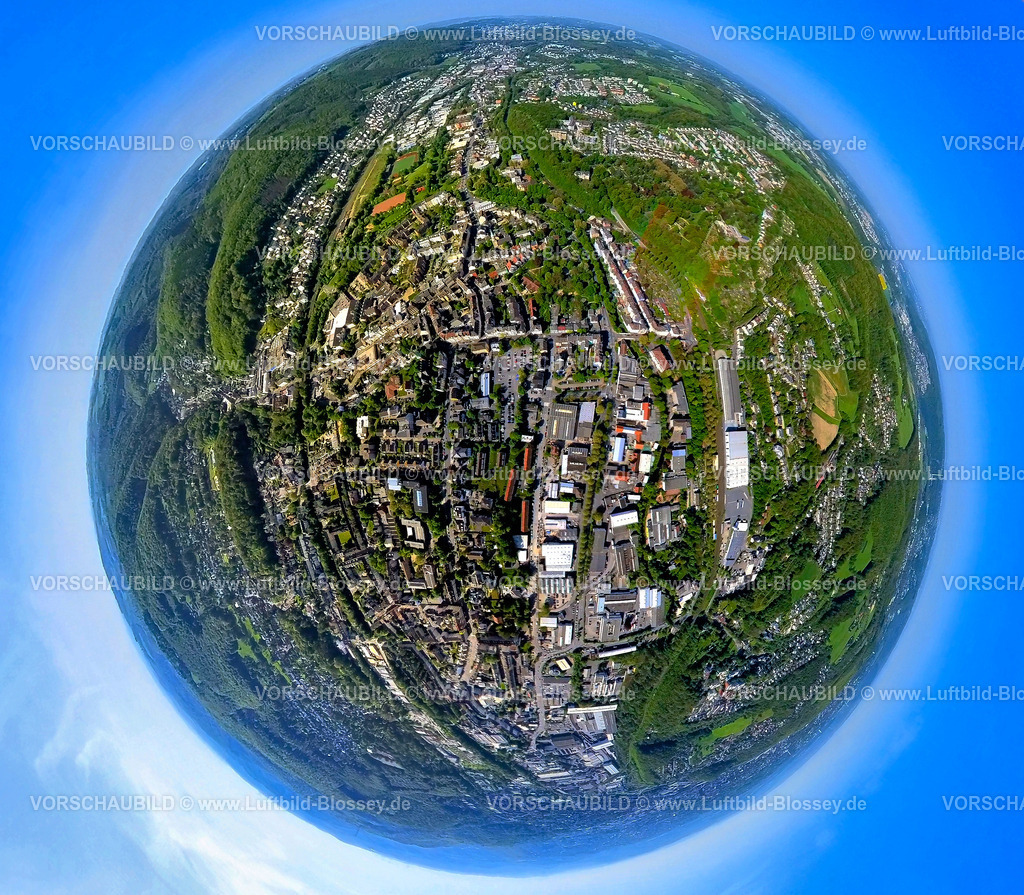 Hagen240590220Haspe-Mitte | Luftbild, Wohngebiet Ortsansicht Ortsteil Haspe Mitte, Leimstraße und Konrad-Adenauer-Ring, Erdkugel, Fisheye Aufnahme, Fischaugen Aufnahme, 360 Grad Aufnahme, tiny world, little planet, fisheye Bild, Haspe, Hagen, Ruhrgebiet, Nordrhein-Westfalen, Deutschland