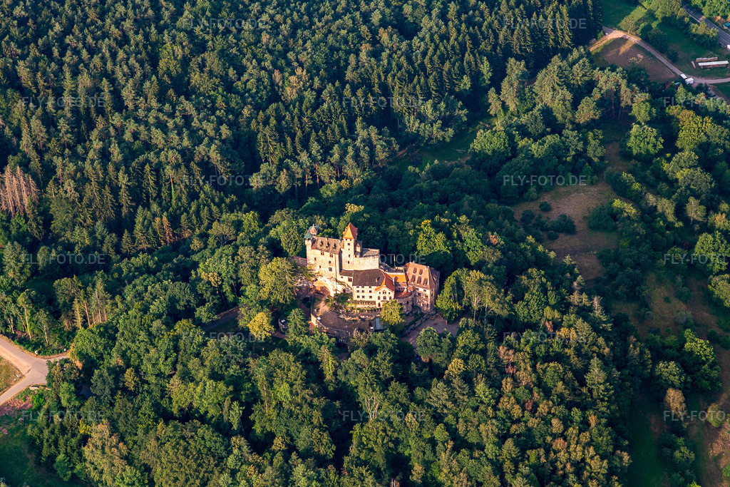 Luftbild: Ruine und Mauerreste der ehemaligen Burganlage und Feste Burg Berwartstein in Erlenbach bei Dahn im Bundesland Rheinland-Pfalz in Deutschland. Foto: IMG_121919.jpg vom 01.08.2020 durch Werner Riehm/FLY-FOTO.de