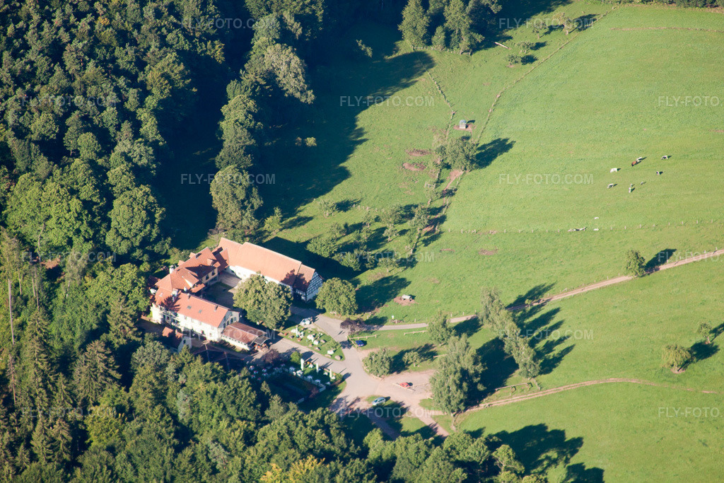 Aerial view: Restaurant Au Gimbelhof in Lembach in the state Bas-Rhin, France.Photo: IMG_31062.jpg taken on 08/07/2010 by Werner Riehm/FLY-FOTO.comResolution of the original: 4752 x 3168 px