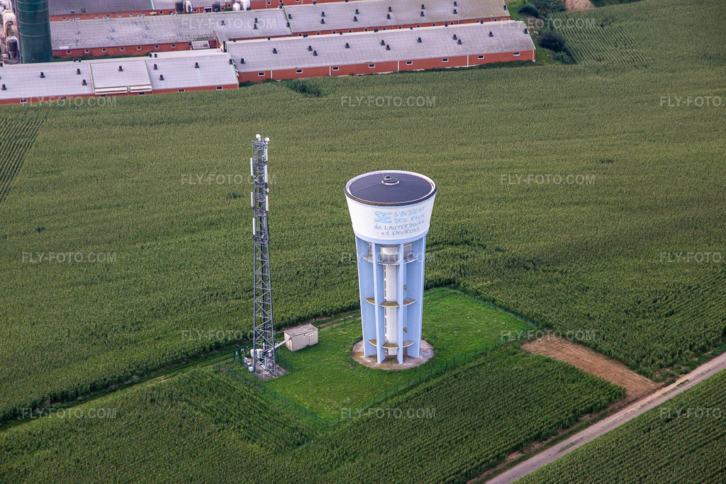 Aerial view: Water tower in Wintzenbach in the state Bas-Rhin, France.Photo: IMG_137733.jpg taken on 08/12/2023 by Werner Riehm/FLY-FOTO.comResolution of the original: 5298 x 3532 px